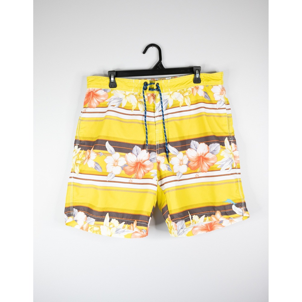 Tommy Bahama Swim Trunks Mens Large Yellow Excellent Floral Striped Board Shorts